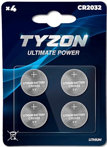 Tyzon - Piles Lithium CR2032, Pack de 4 - Cellules Bouton Longue Durée pour Montres, Télécommandes et Appareils Électroniques