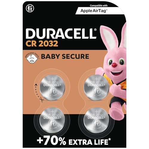 DURACELL CR2032 Piles Boutons au lithium 3V (lot de 4) – Jusqu’à +70 % de longévité – Technologie Sécurité Enfant – Recommandées pour l’AirTag d’Apple – Emballage Sécurité Enfant