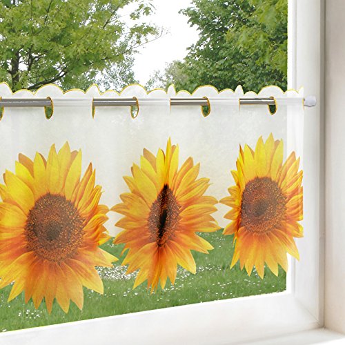 Rideau brise-bise soleil fleur de fleurs pour cuisine et salon/Rideau avec motif fleurs/45 x 90 cm/Rideau brise-bise transparent pour la cuisine moderne, Polyester, blanc, 45 x 90 cm