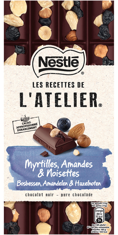 TABLETTE DE CHOCOLAT NOIR LES RECETTES DE L'ATELIER MYRTILLES AMANDES ET NOISETTES Nestlé