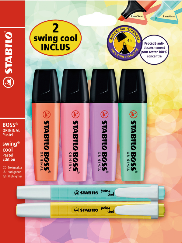 4 SURLIGNEURS STABILO BOSS ORIGINAL + 2 SWING COOL STABILO