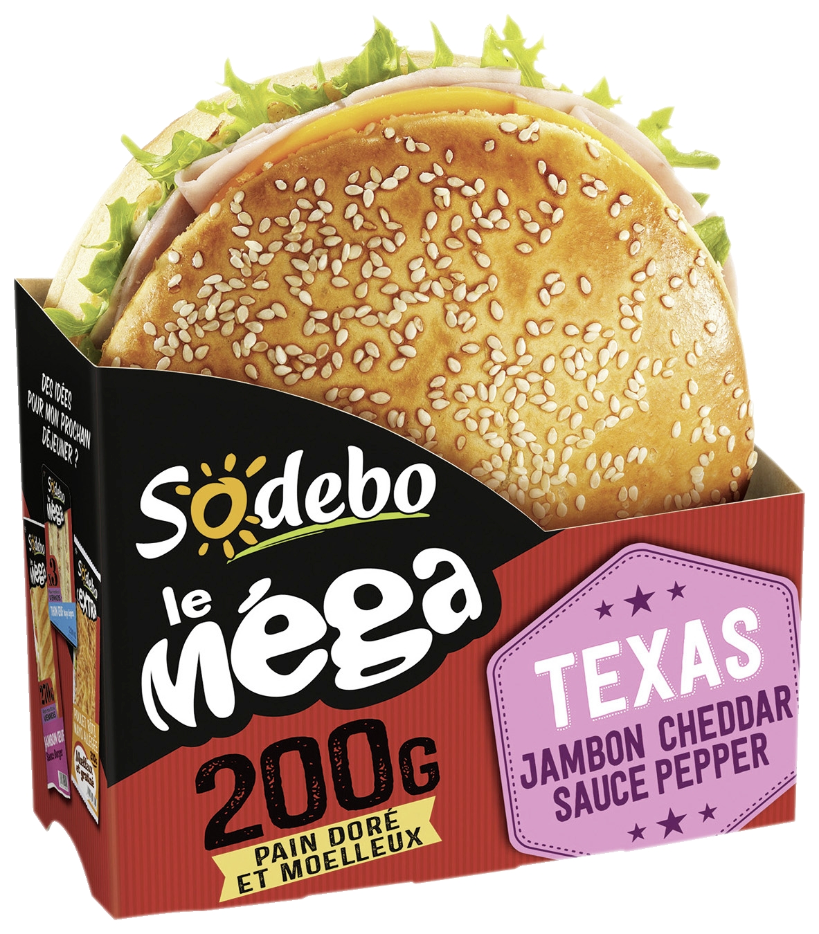 Sandwich Le Méga Texas jambon cheddar sauce pepper Sodebo